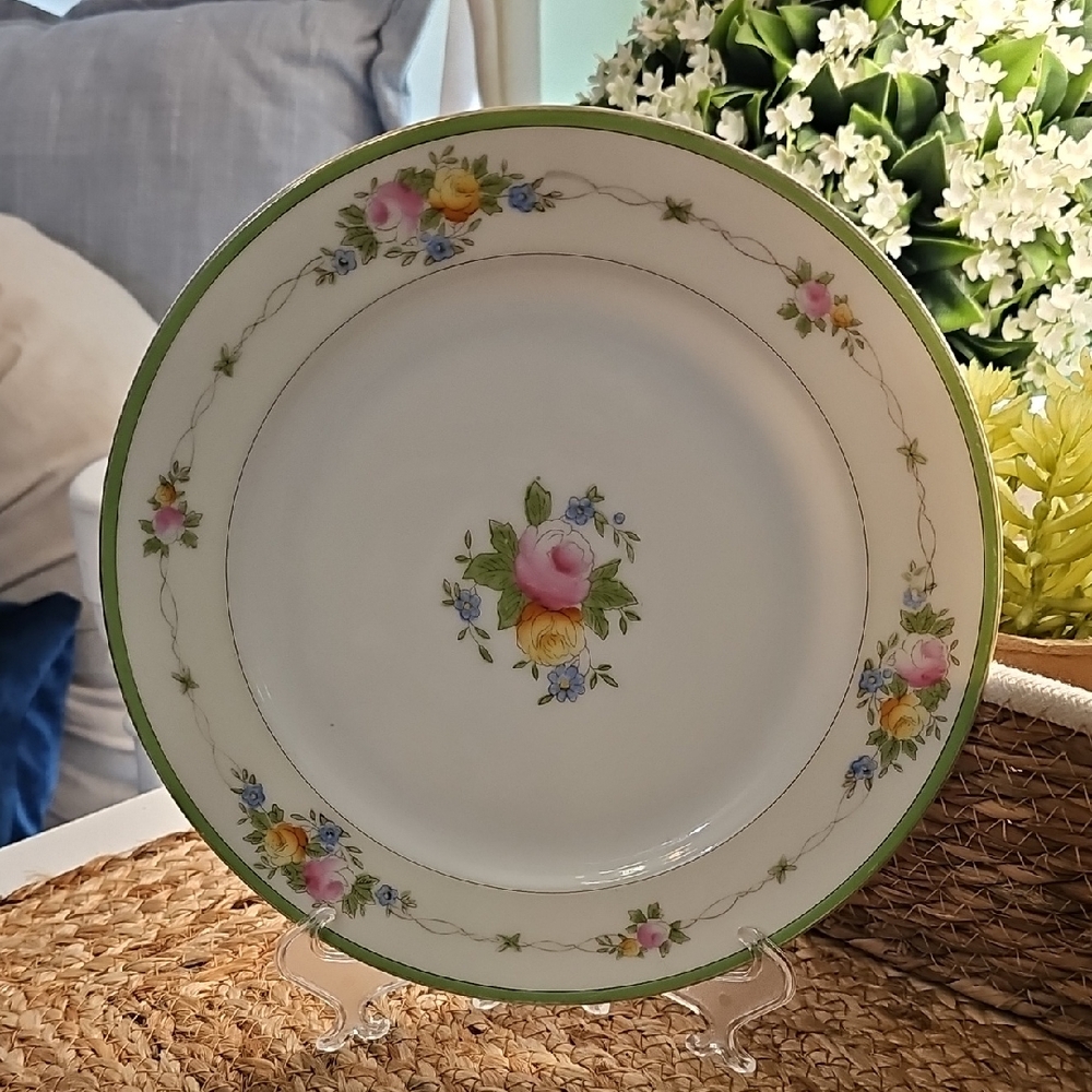 Floral Porcelain Dinner Plate with Green Rim